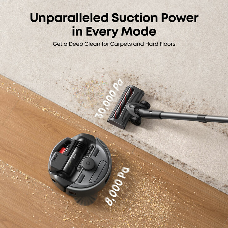 Lifestyle image of Eufy 3-in-1 E20 Robot, Stick and Handheld Vacuum Cleaner transforming with unparalleled suction power in every mode