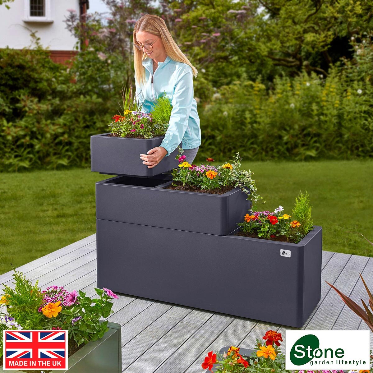 Stone Garden Hanbury 3-Tier Stackable Steel Planter Set in Grey