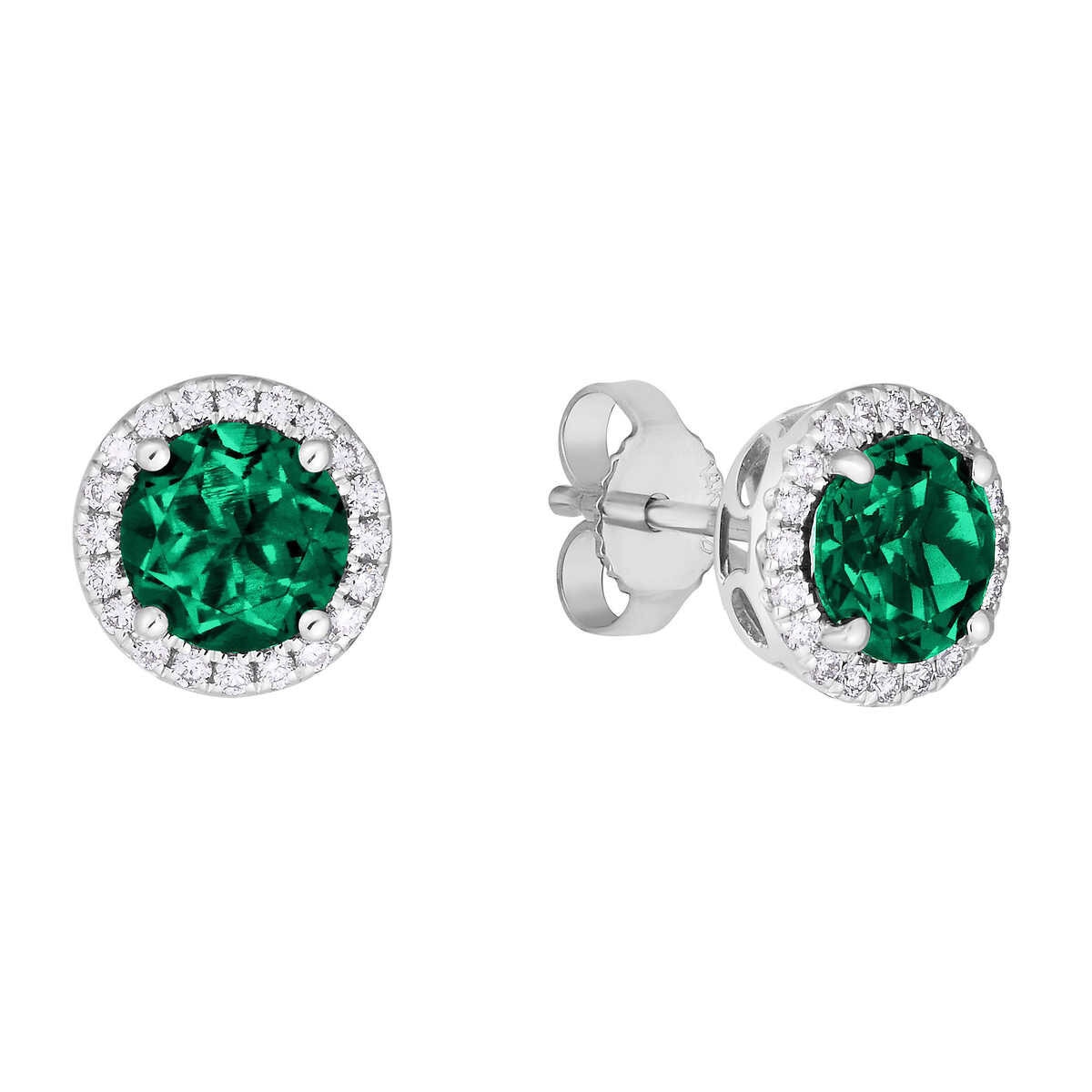 Round Cut Lab Emerald & Diamond Earrings, 14ct White Gold