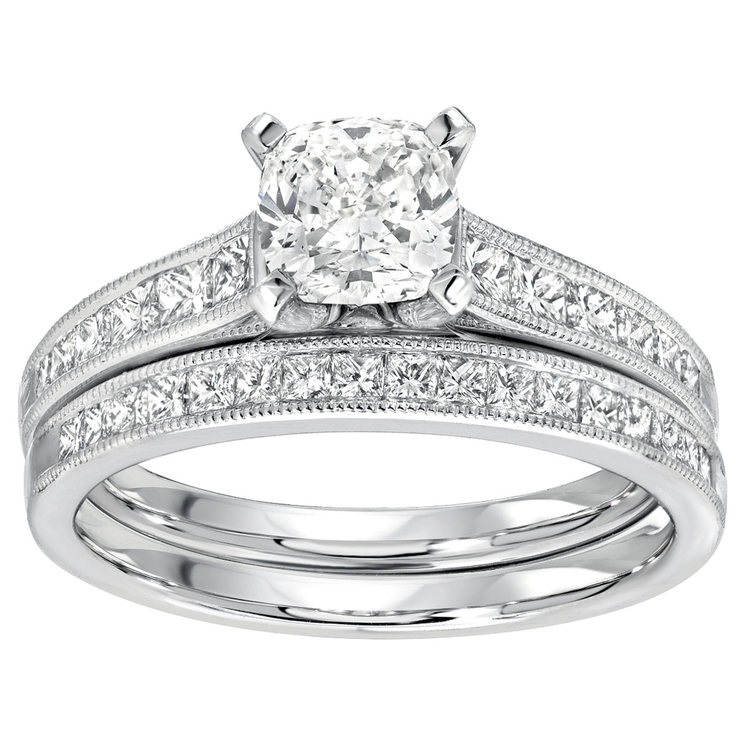 1.78ctw Princess and Cushion Cut Diamond Wedding Ring Set