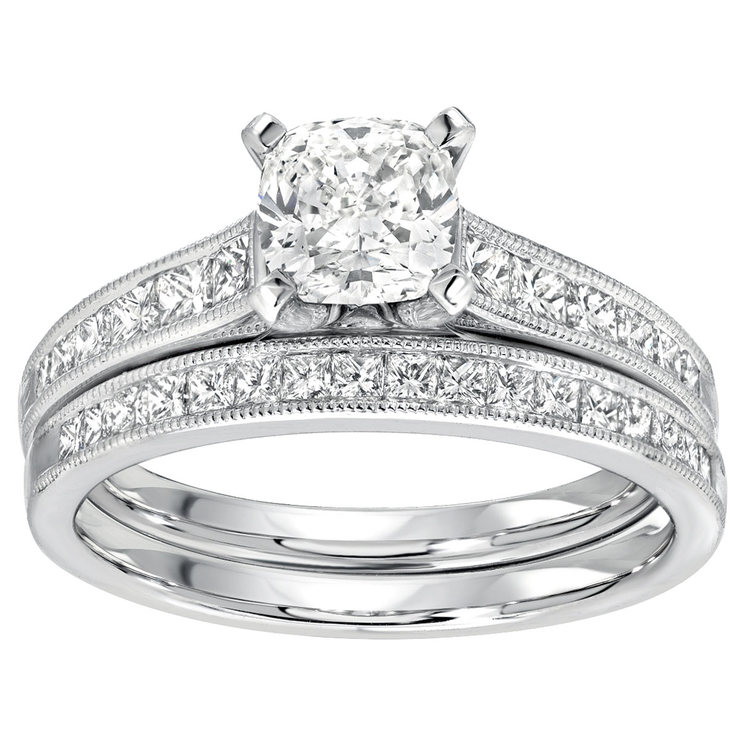 1.78ctw Princess and Cushion Cut Diamond Wedding Ring Set, Platinum