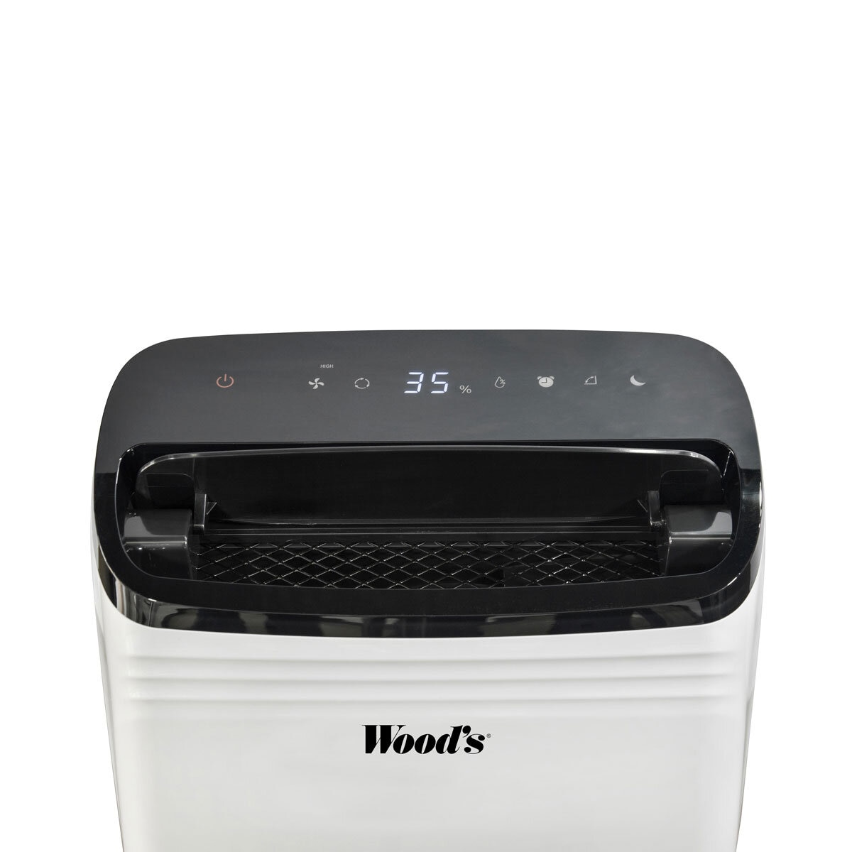 Close up image of control panel and fan of Woods Dehumidifier