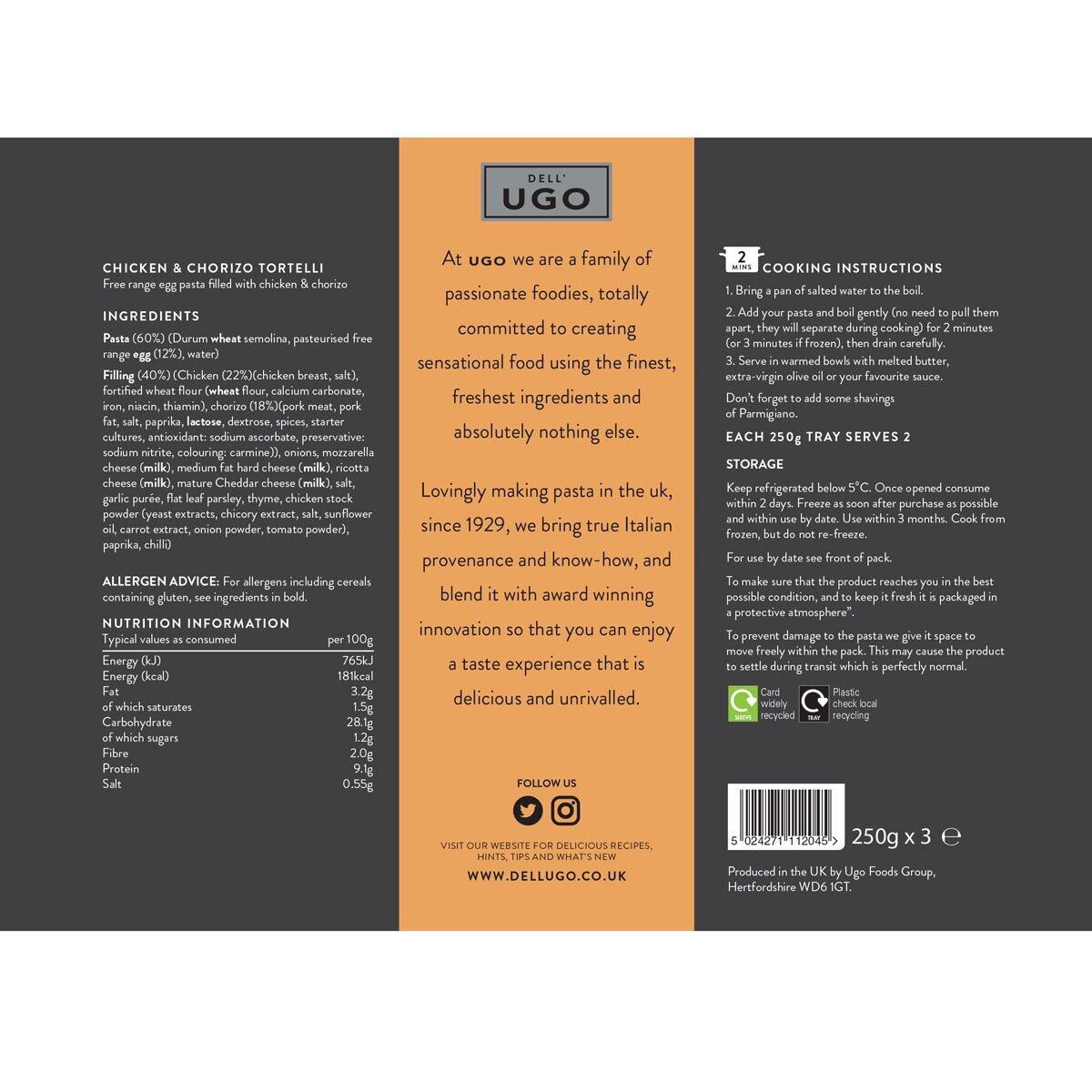 Back of pack image of Ugo Chicken & Chorizo Tortelli