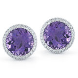 Round Cut Purple Amethyst and 0.18ctw Diamond Earrings, 18ct White Gold