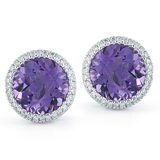 Round Cut Purple Amethyst & 0.18ctw Diamond Earrings, 18ct White Gold