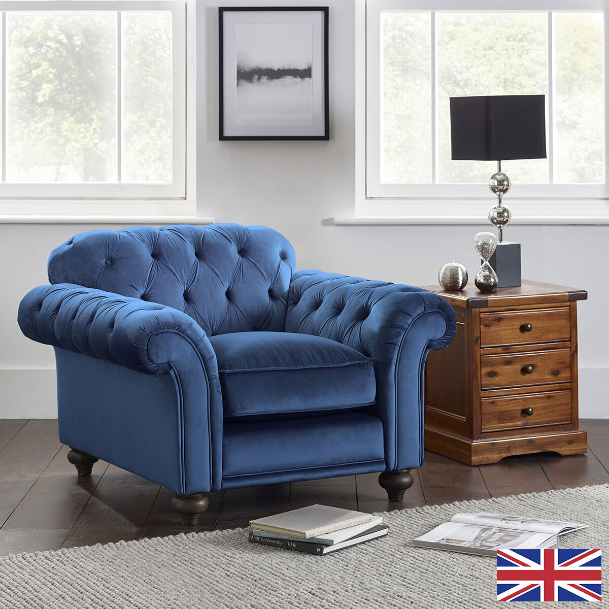 Bordeaux Button Back Blue Velvet Armchair