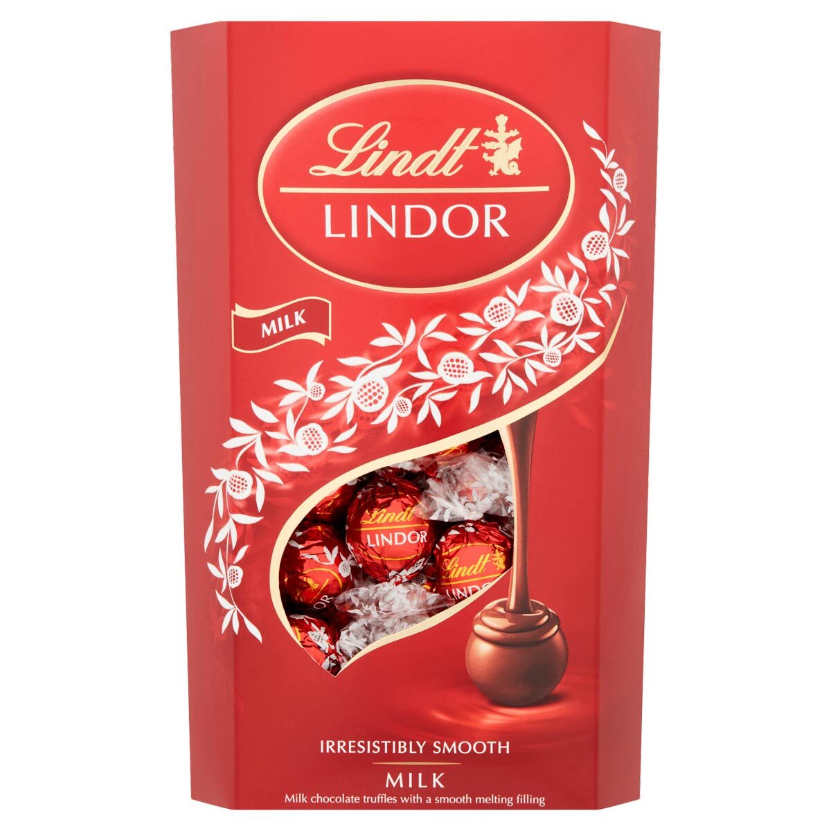 Red box of chocs with window showing individually wrapped red chocolates