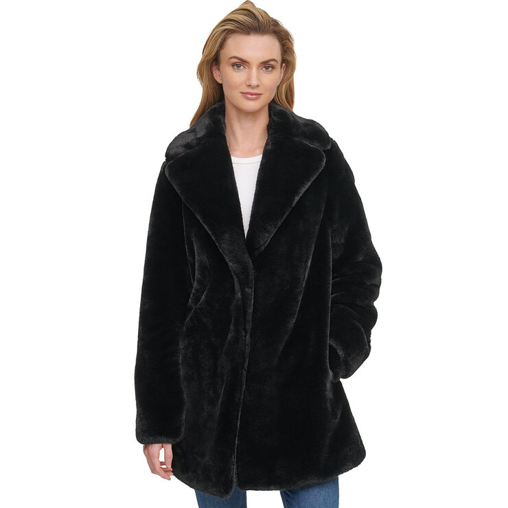 Andrew Marc Women's Faux Fur Shawl Collar Coat in Black | Costco UK