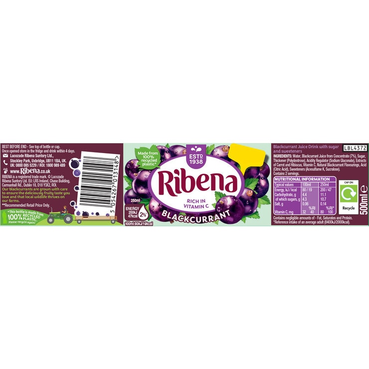 Ribena Blackcurrant PMP, 12 x 500ml