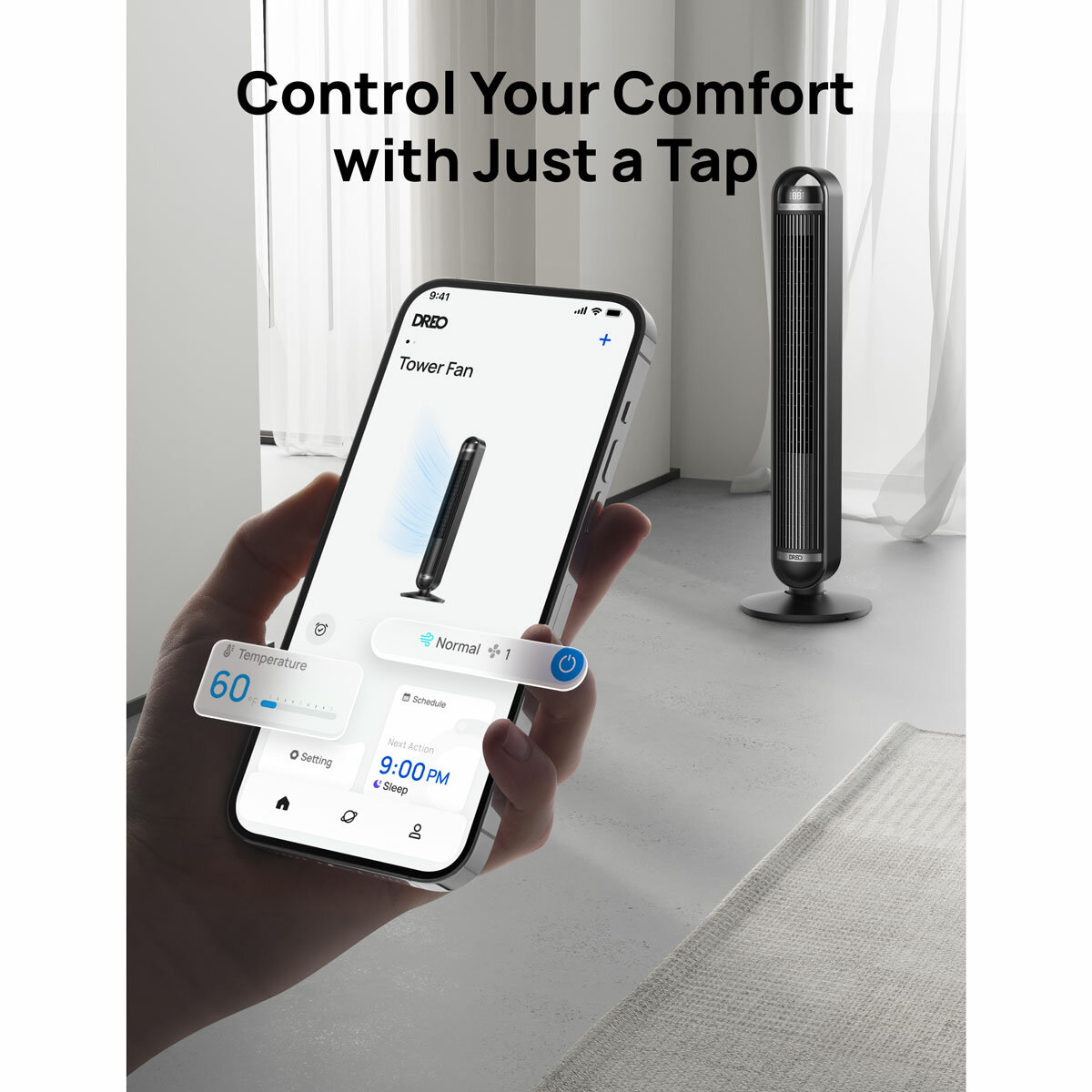 Lifestyle image of Dreo Cruiser Tower Fan compatible on Dreo app