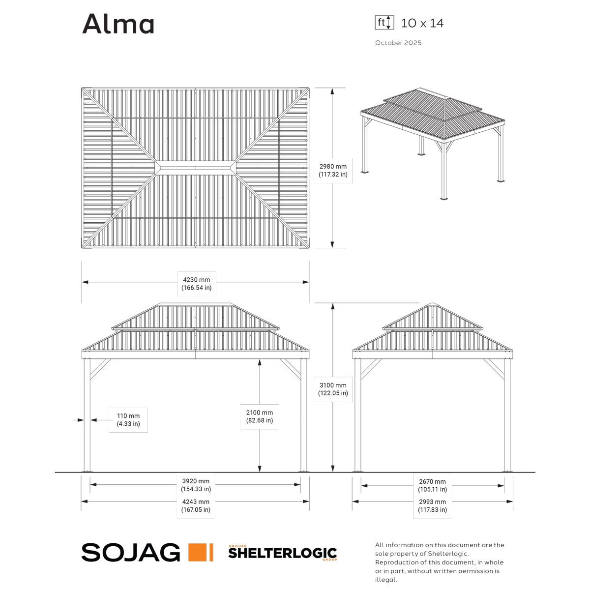 Sojag Alma Gazebo with Double Roof 10ft x 14ft (3 x 4.23m) with Mosquito Netting