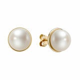 10-10.5mm Cultured Freshwater White Pearl Bezel Earrings, 14ct Yellow Gold