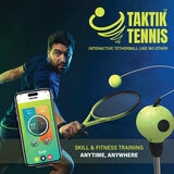 Image showing a man playing TAKTIK Tennis and a phone demonstrating the app Image showing a man playing TAKTIK Tennis and a phone demonstrating the app