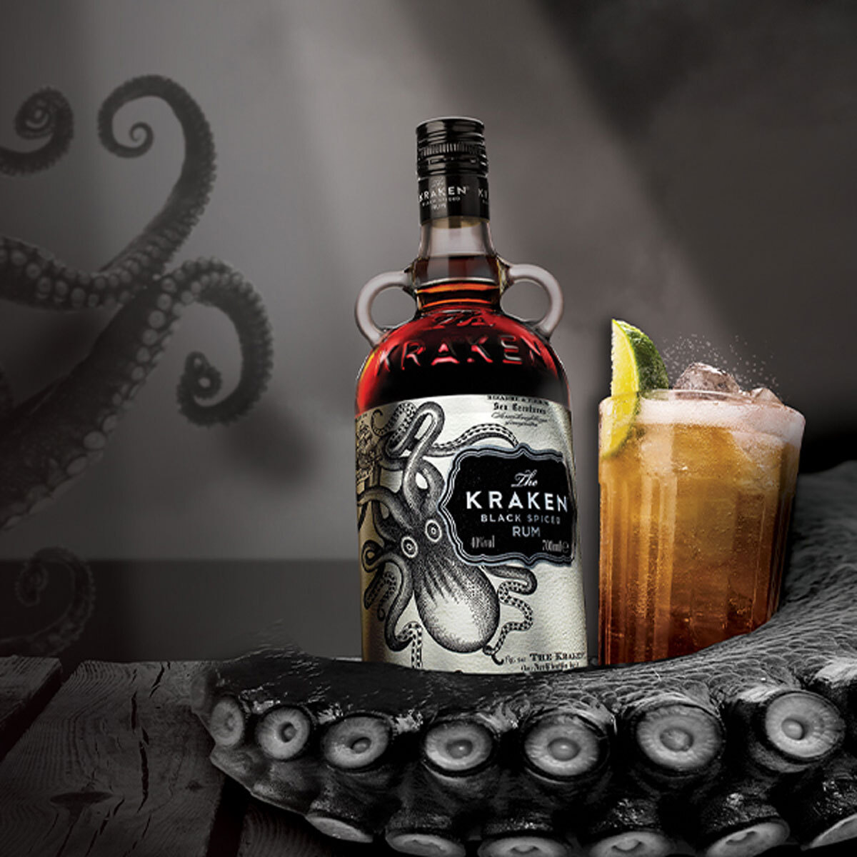 Lifestyle image of Kraken rum with Kraken in the background