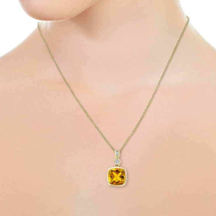 Cushion Cut Citrine & 0.07ctw Diamond Pendant, 14ct Yellow Gold Cushion Cut Citrine & 0.07ctw Diamond Pendant, 14ct Yellow Gold