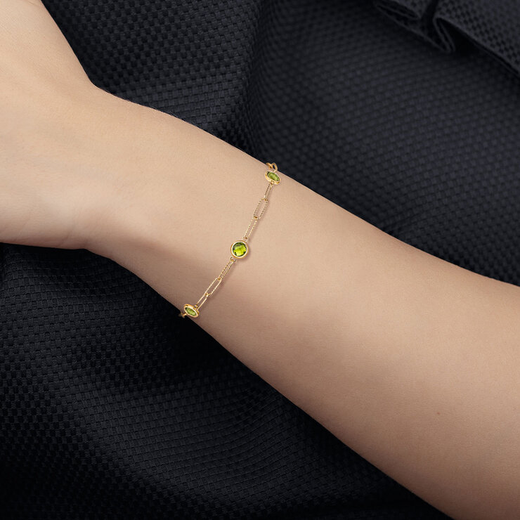 Round Cut Peridot Paperclip Bracelet, 14ct Yellow Gold