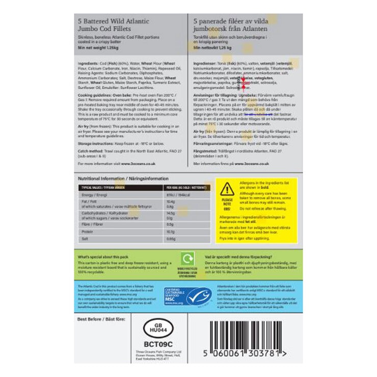 Three Oceans 5 Battered Cod Fillets, 1.25kg