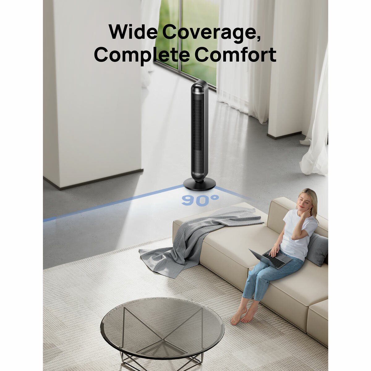 Lifestyle image of Dreo Cruiser Tower Fan with wide coverage