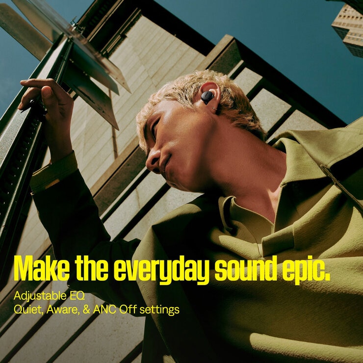 Lifestyle image with features adjustable EQ, Quiet, Aware and Off settings