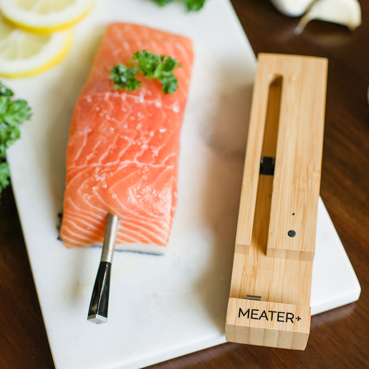 Meater Thermometer with raw salmon