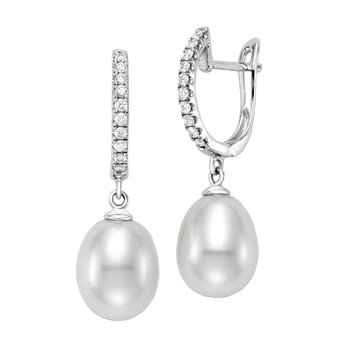8.5-9mm Cultured Freshwater White Pearl & 0.16ctw Diamond Earrings, 18ct White Gold