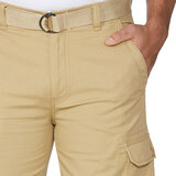 front image of khaki shorts belt detail