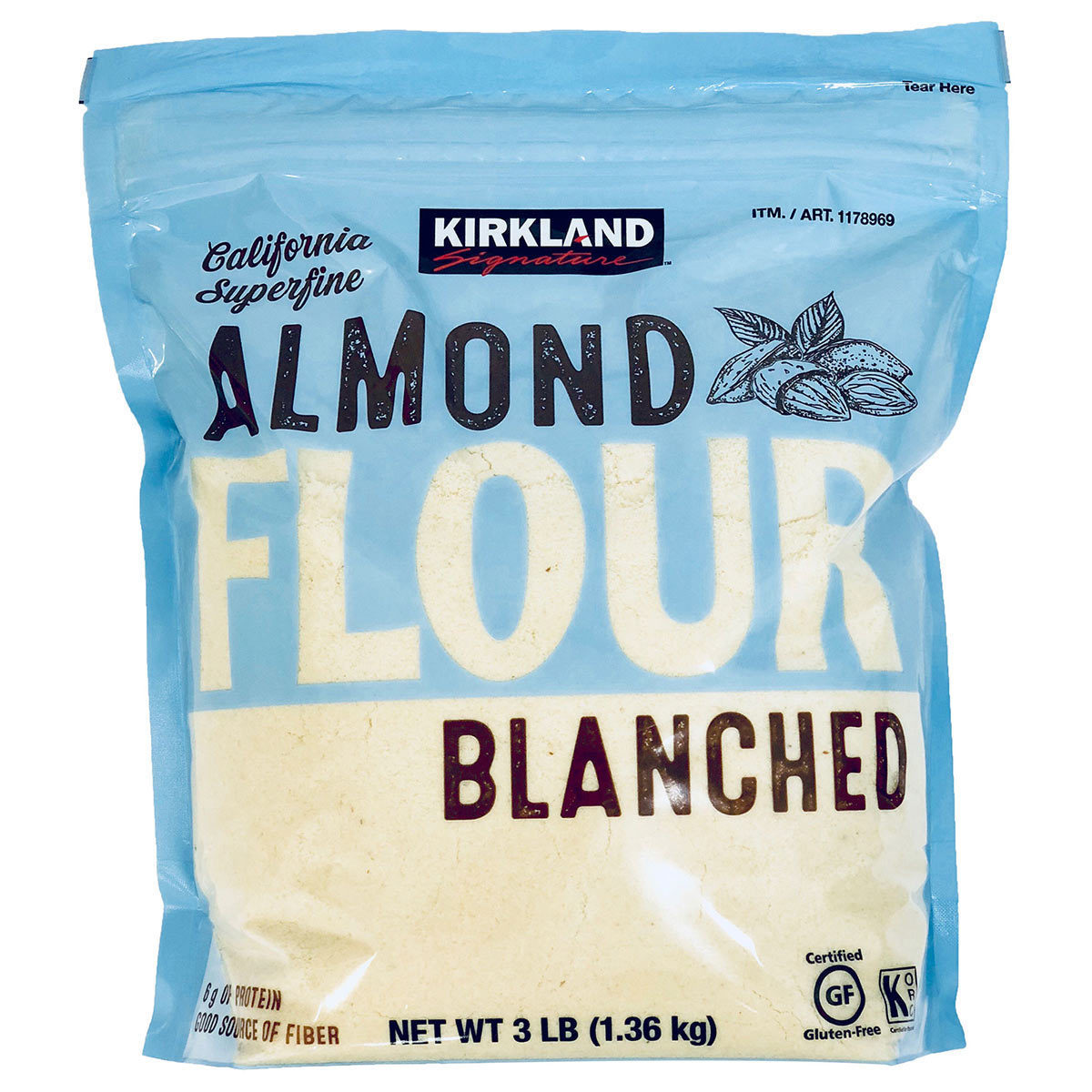 Blue sealed plastic bag with clear window showing Almond Flour