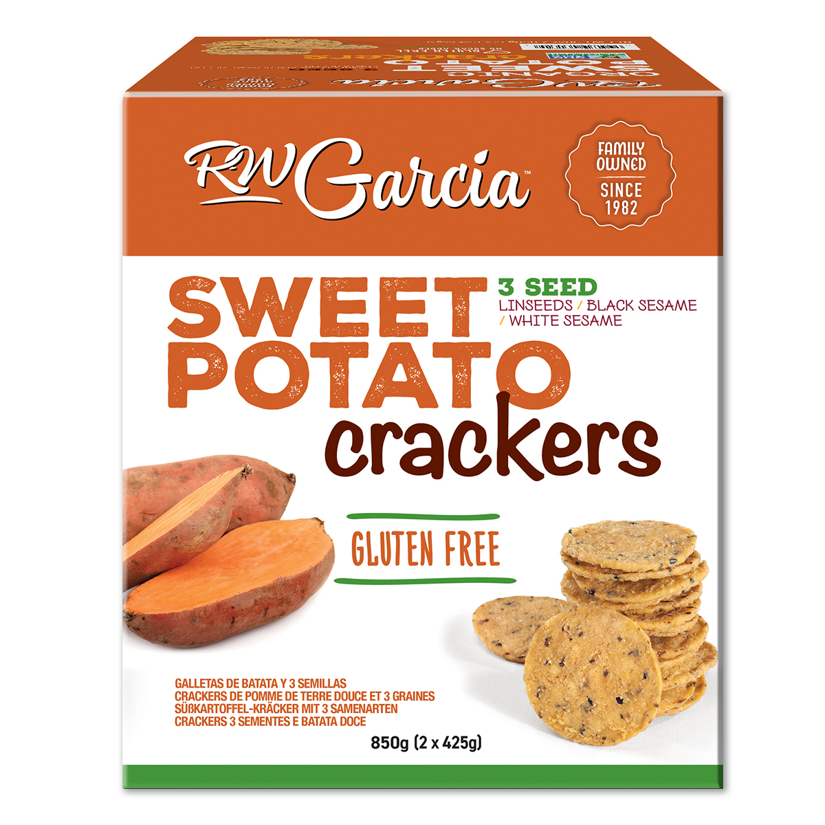 RW Garcia 3 Seed Sweet Potato Crackers, 850g Front of Box