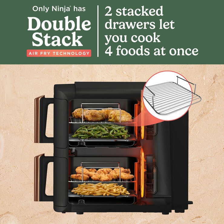 Lifestyle image of Ninja Double Stack 9.5L Air Fryer showing 2 stacked drawers