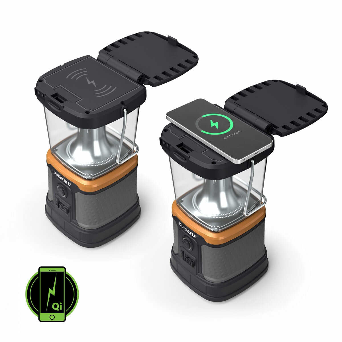 Studio image showing how the lantern can wirelessly charge a phone