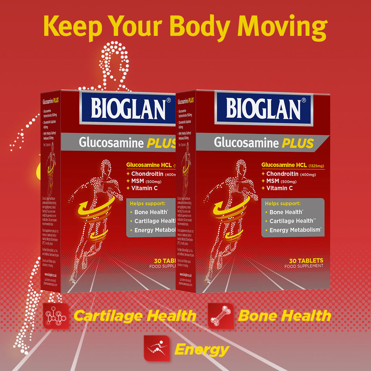 2 Red boxes of Bioglan Glucosamine Plus highlighting health benefits