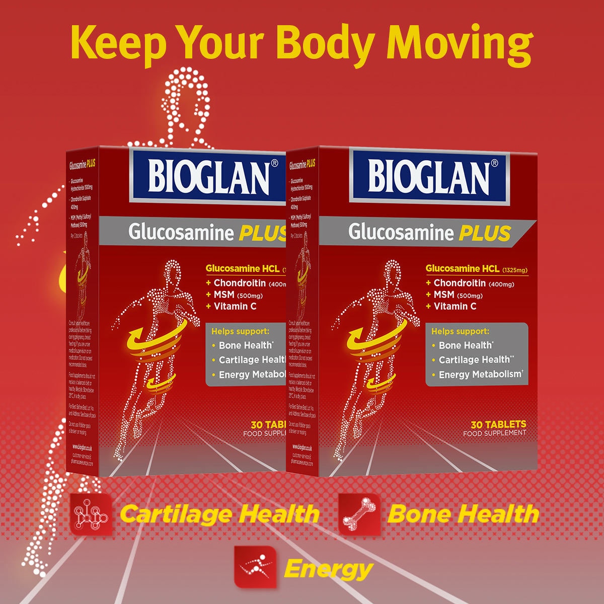 2 Red boxes of Bioglan Glucosamine Plus highlighting health benefits