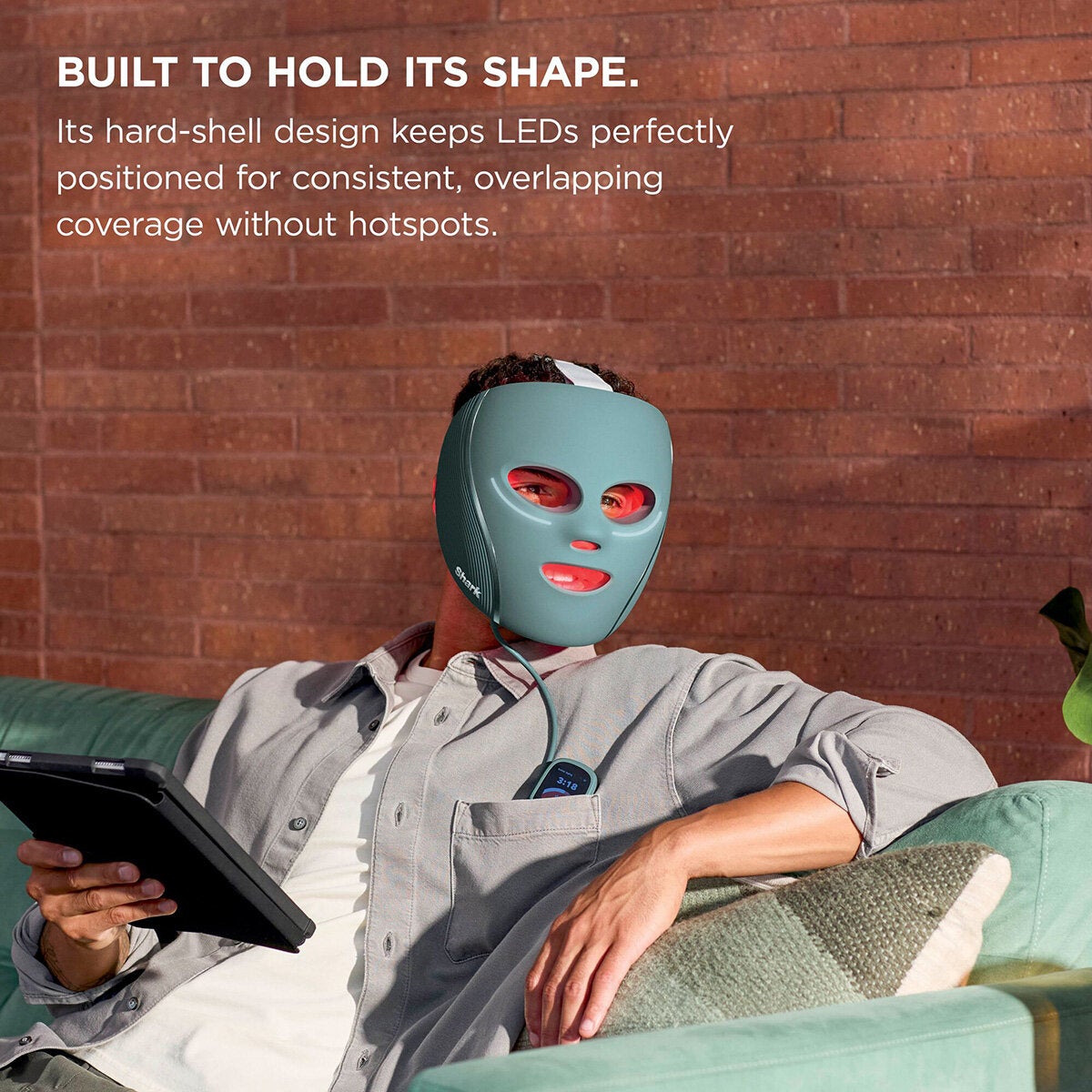 Lifestyle image of model using the mask