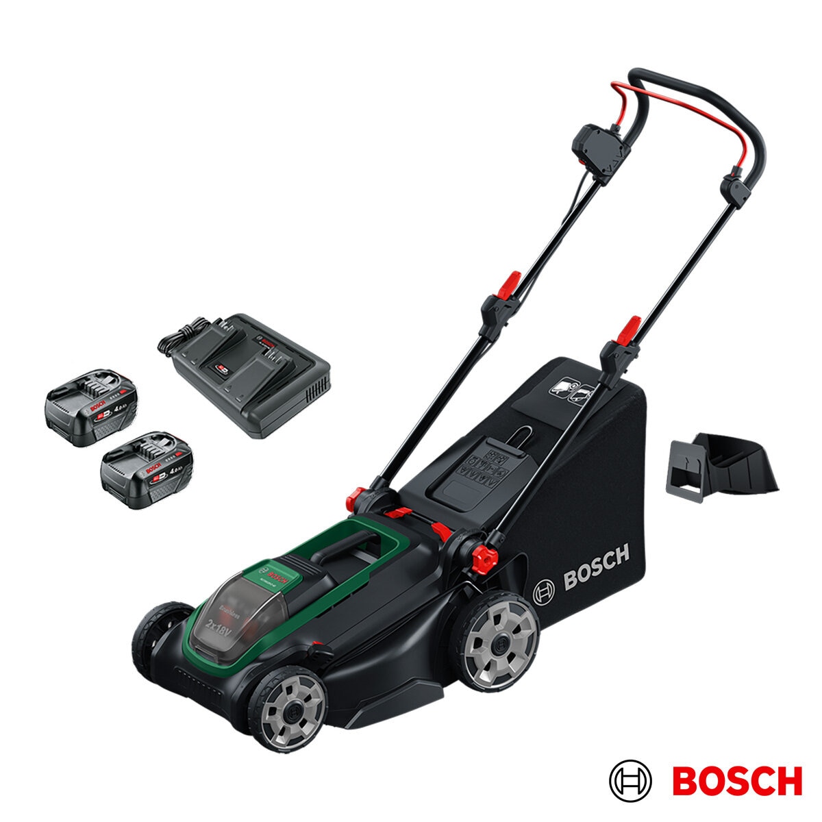 Bosch Rotak 36V (4Ah) 43cm Hand-Propelled Cordless Battery Lawnmower with 2 x 4Ah Battery and Charger Bosch Rotak 36V (4Ah) 43cm Hand-Propelled Cordless Battery Lawnmower with 2 x 4Ah Battery and Charger
