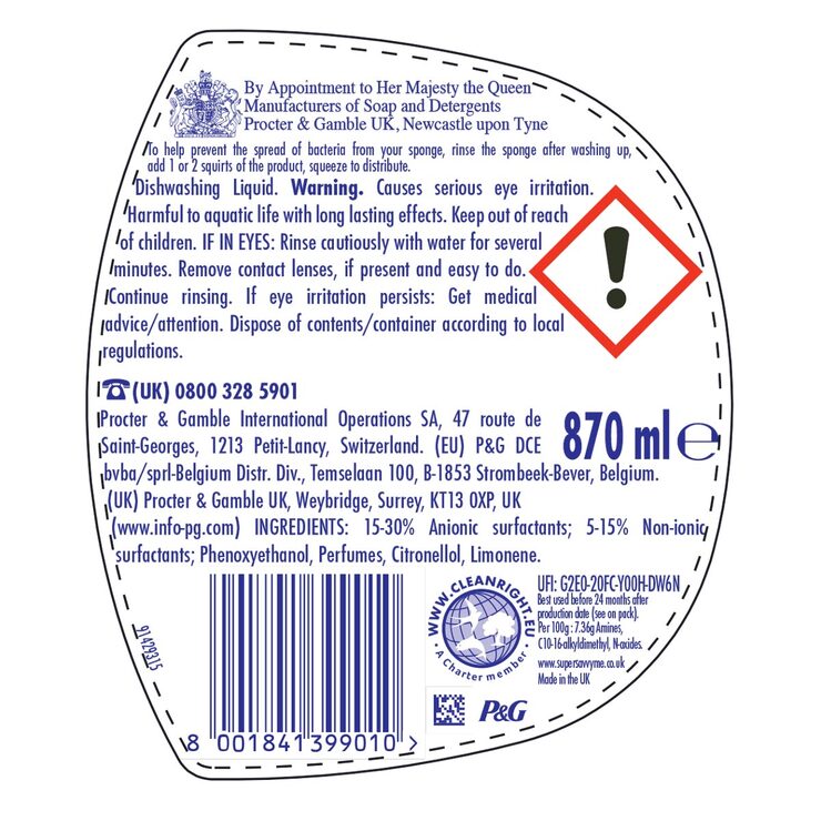Fairy Anti-Bacterial Washing Up Liquid with Eucalyptus, 6 x 870ml