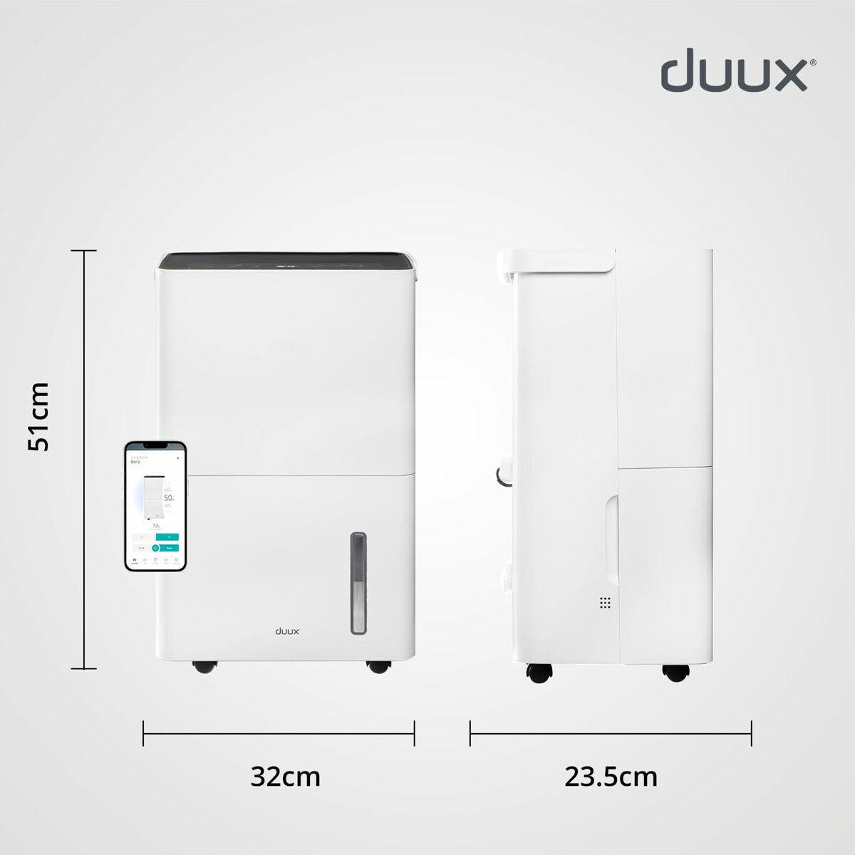 Lifestyle image of Bora Smart Dehumidifier 20L showing dimensions
