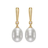 9-10mm Cultured Freshwater White Pearl & 0.06ctw Diamond Earrings, 14ct Yellow Gold