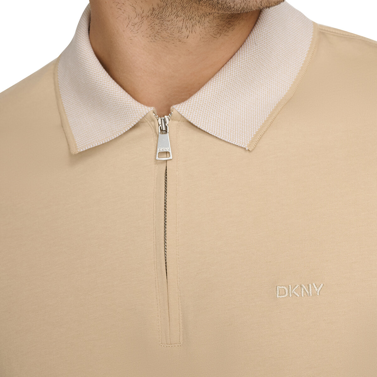 DKNY Men's Zip Collar Polo in Beige, Medium