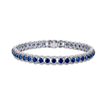 Round Cut Blue Sapphire & 0.90ctw Diamond Bracelet, 18ct White Gold