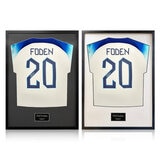 Phil Foden Signed Framed 2024 England Football Shirt in 2 Options: White or Black Mount Phil Foden Signed Framed 2024 England Football Shirt in 2 Options: White or Black Mount