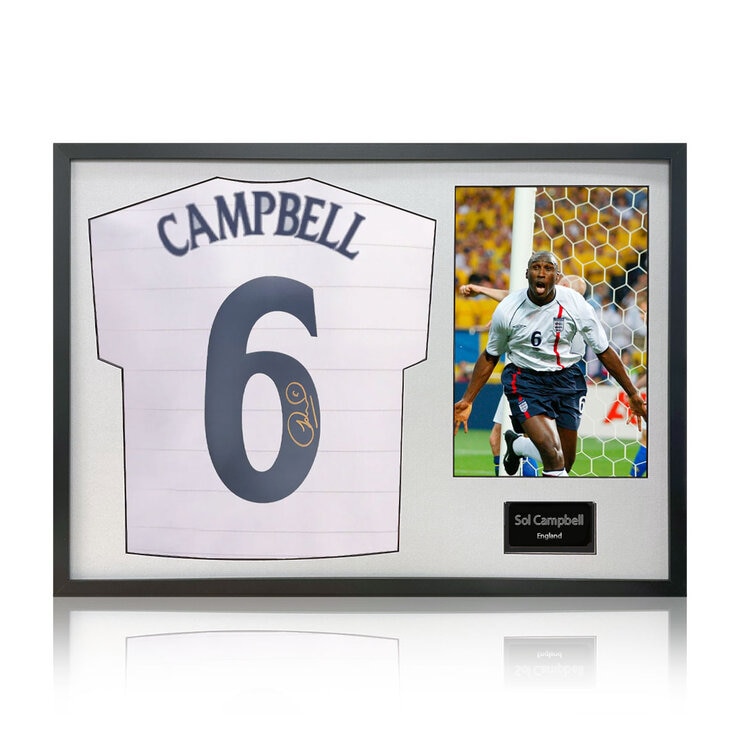 Sol Campbell Signed Framed England Shirt Football including 1 Photo, with White Mount Sol Campbell Signed Framed England Shirt Football including 1 Photo, with White Mount