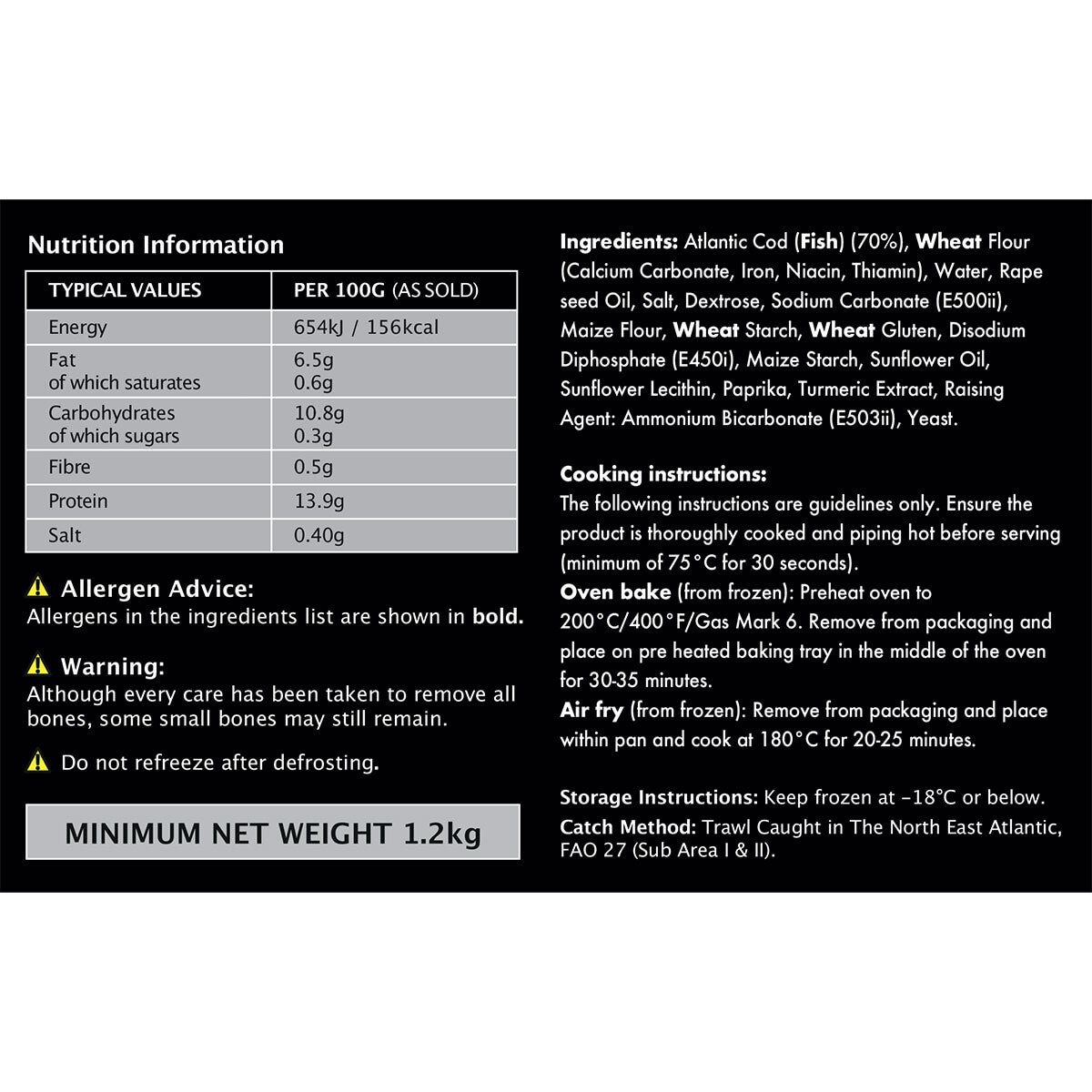 Back of Pack for 6 Pack of Three Oceans Wild Atlantic Battered Cod Loins