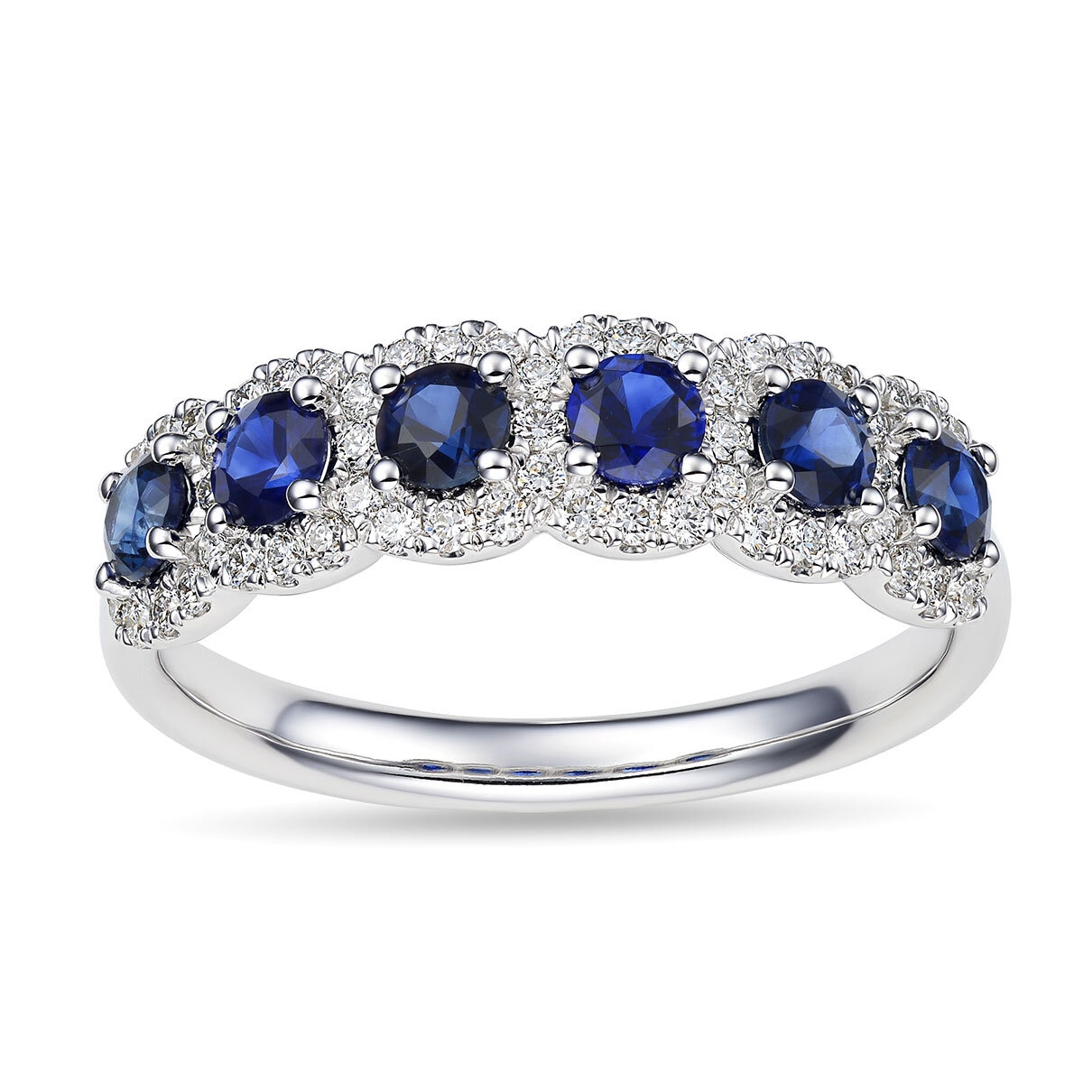 Round Cut Blue Sapphire & 0.30ctw Diamond Ring, 14ct White Gold