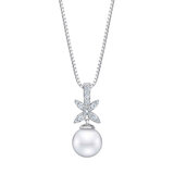 9-10mm Cultured Freshwater White Pearl & 0.22ctw Diamond Necklace, 14ct White Gold