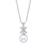 9-10mm Cultured Freshwater White Pearl & 0.22ctw Diamond Necklace, 14ct White Gold