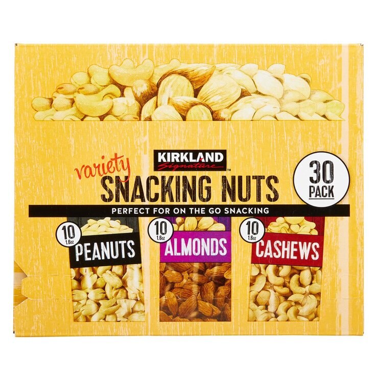 Yellow box of Kirkland Signature Snacking Nuts Pack of 30 Yellow box of Kirkland Signature Snacking Nuts Pack of 30