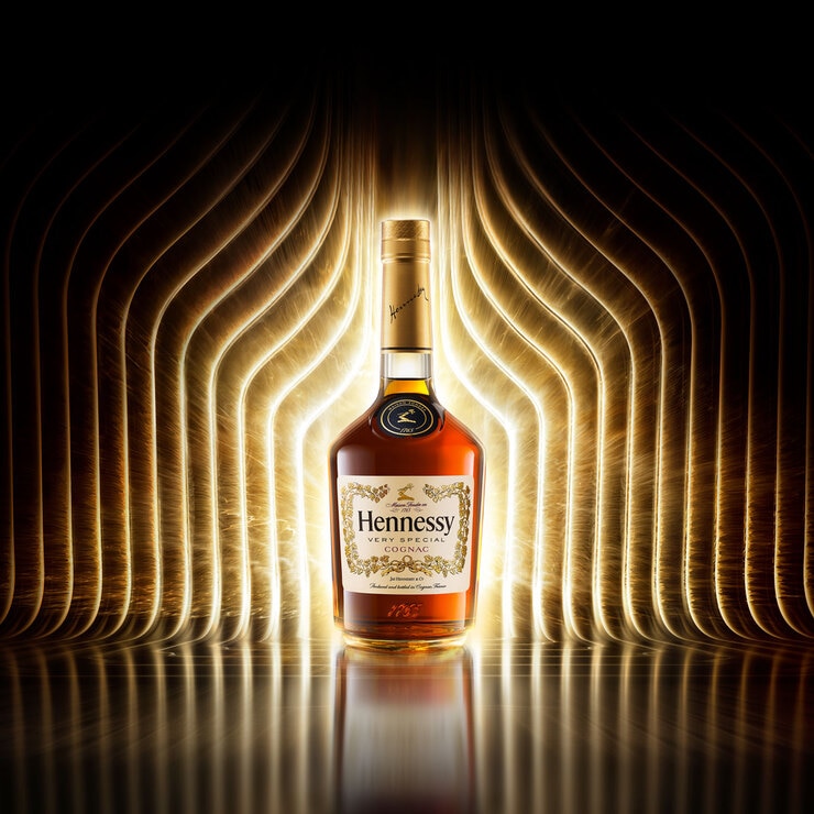 Lifestyle image of bottle in-front of light display