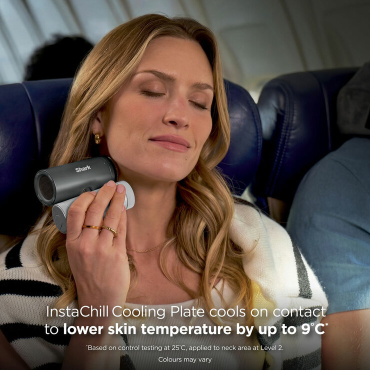Lifestyle image of Shark ChillPill 3-in-1 Fan, Mist & InstaChill System with cooling plate to lower skin temperature by up to 9 degrees Lifestyle image of Shark ChillPill 3-in-1 Fan, Mist & InstaChill System with cooling plate to lower skin temperature by up to 9 degrees