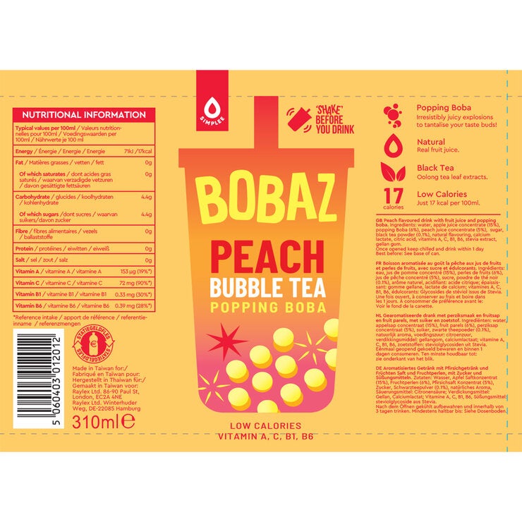 Bobaz Bubble Tea Peach, 12x310ml Bobaz Bubble Tea Peach, 12x310ml