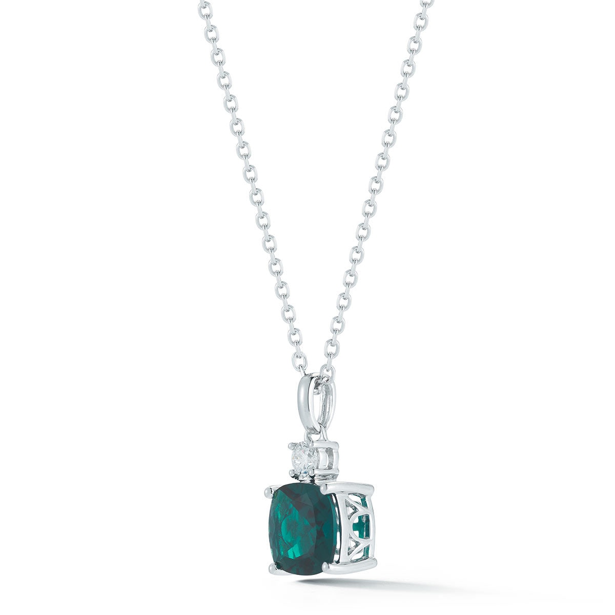Cushion Cut Lab Emerald and 0.11ctw Diamond Pendant, 18ct White Gold